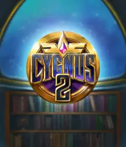 Explore the captivating visuals of ELK Studios' Cygnus 2 Slot, showcasing a stunning emblem with a bright purple and gold design. Set against a mystical library backdrop, this graphic conjures the theme of mystical exploration. 